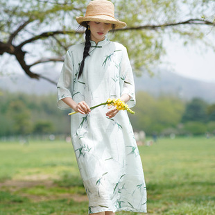 绮梦 竹枝词 棉麻女装夏季连衣裙女新中式复古改良旗袍国风茶艺服