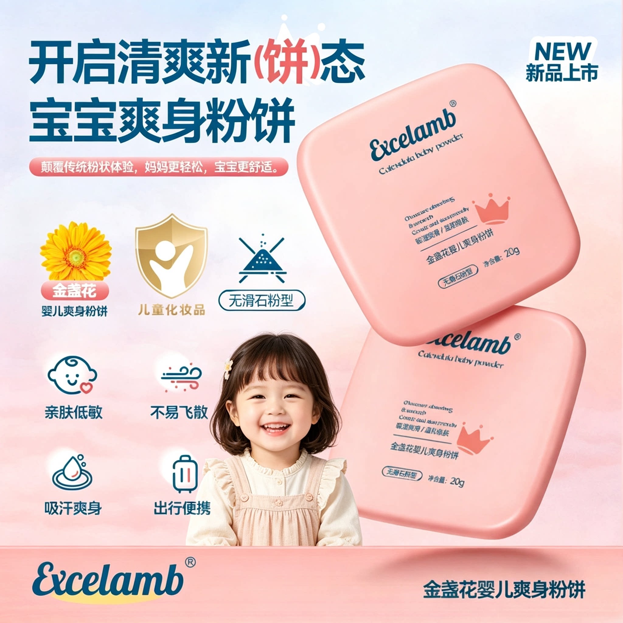 正品Excelamb金盏花婴儿爽身粉饼宝宝温和吸汗吸湿舒缓清爽无滑石