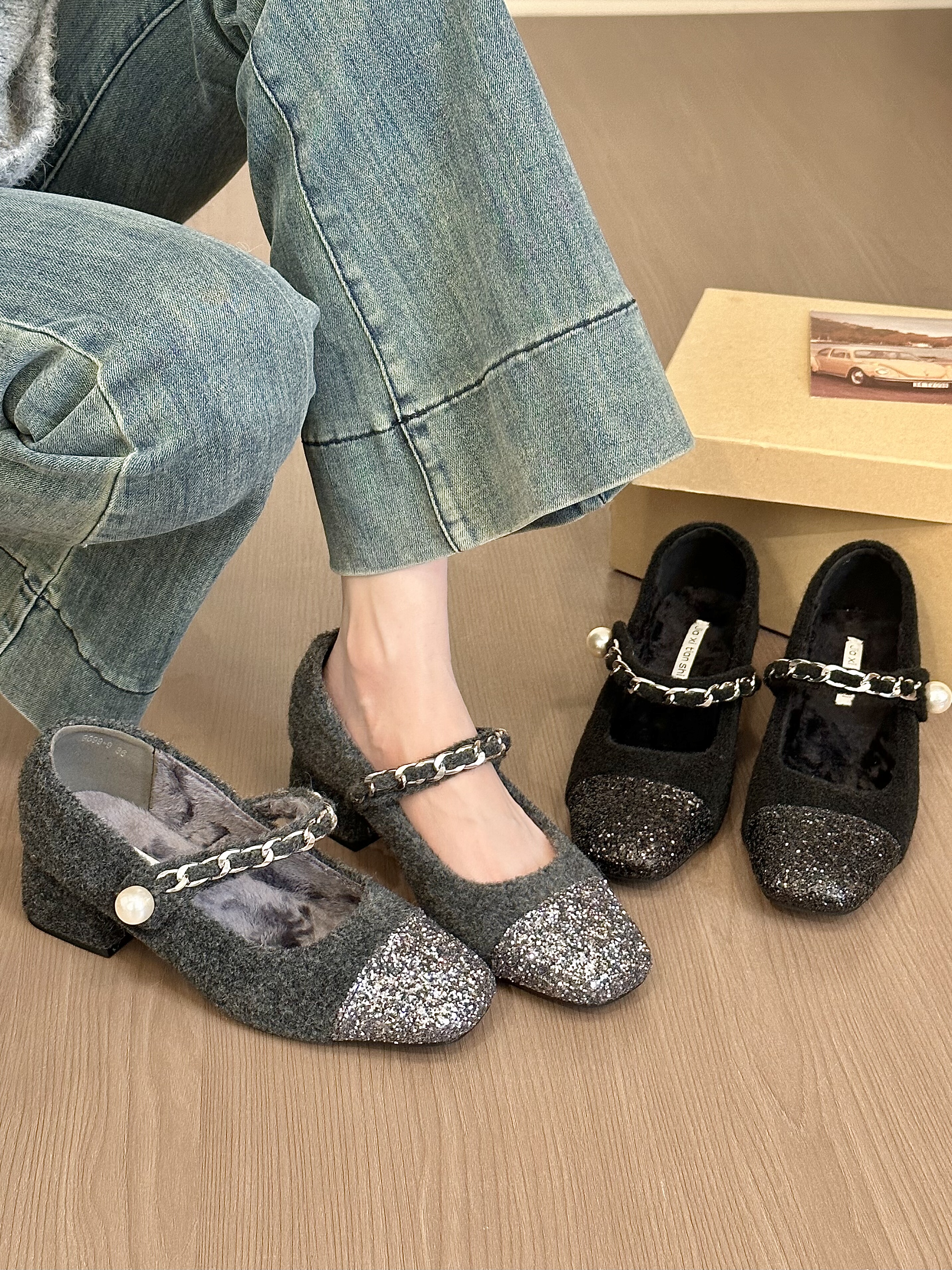 titing韩系灰欧尼！呢子圆头拼接亮片玛丽珍鞋女冬加绒粗跟单鞋