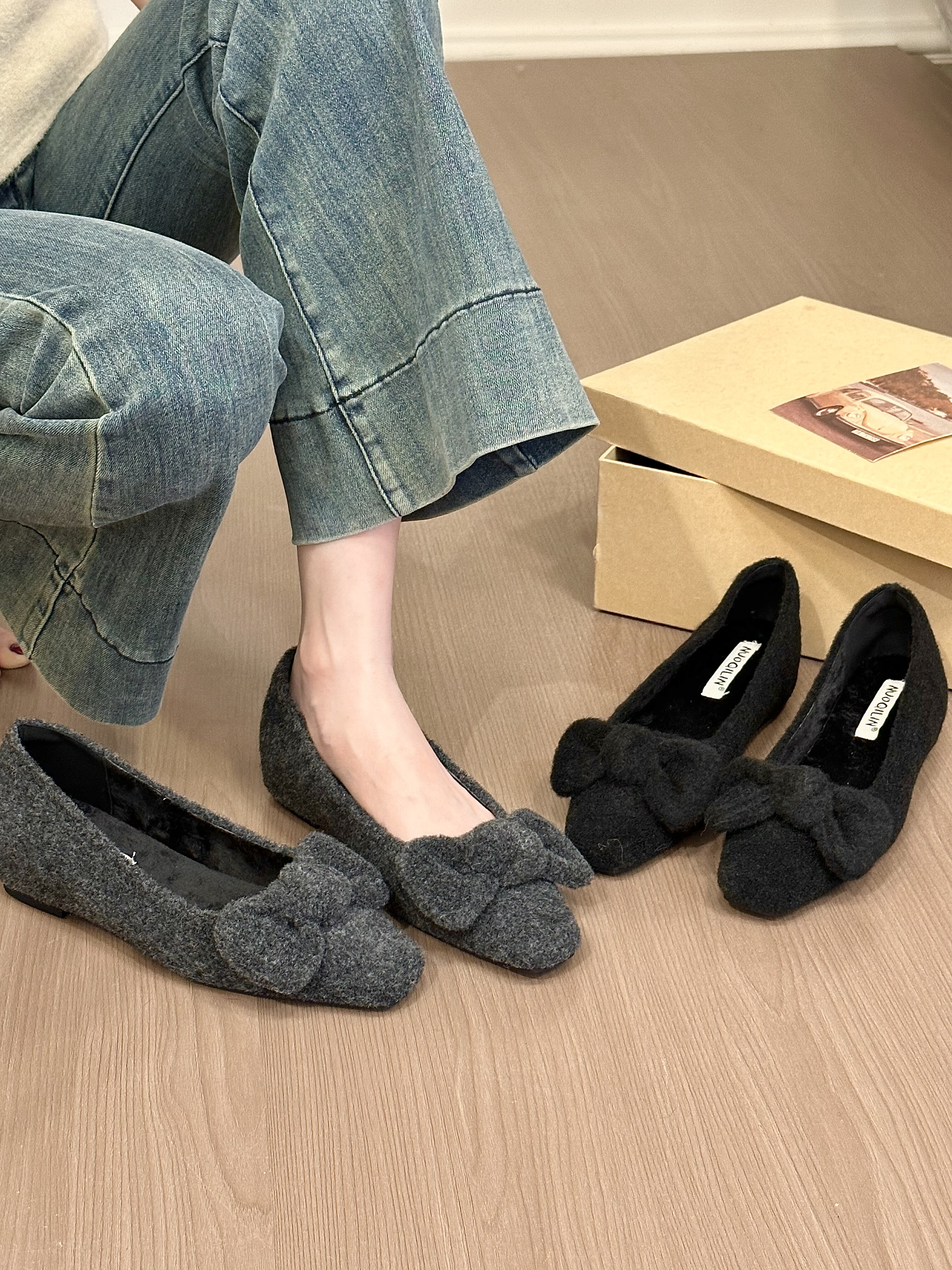 titing灰调美神！气质呢子方头蝴蝶结浅口单鞋女冬加绒内增高单鞋