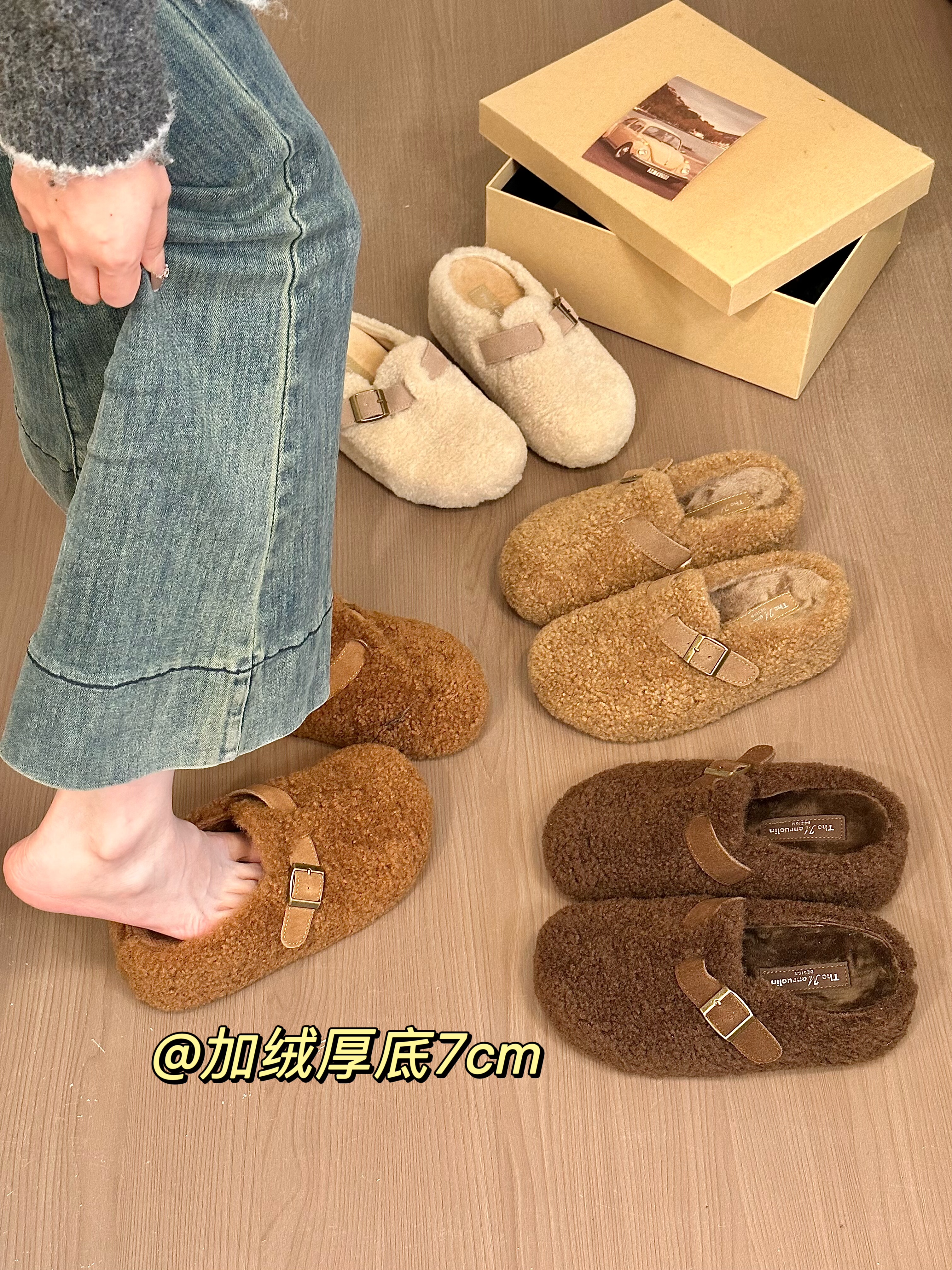 titing显高日记！厚底7cm圆头毛毛搭扣勃肯鞋女冬加绒包头半拖鞋