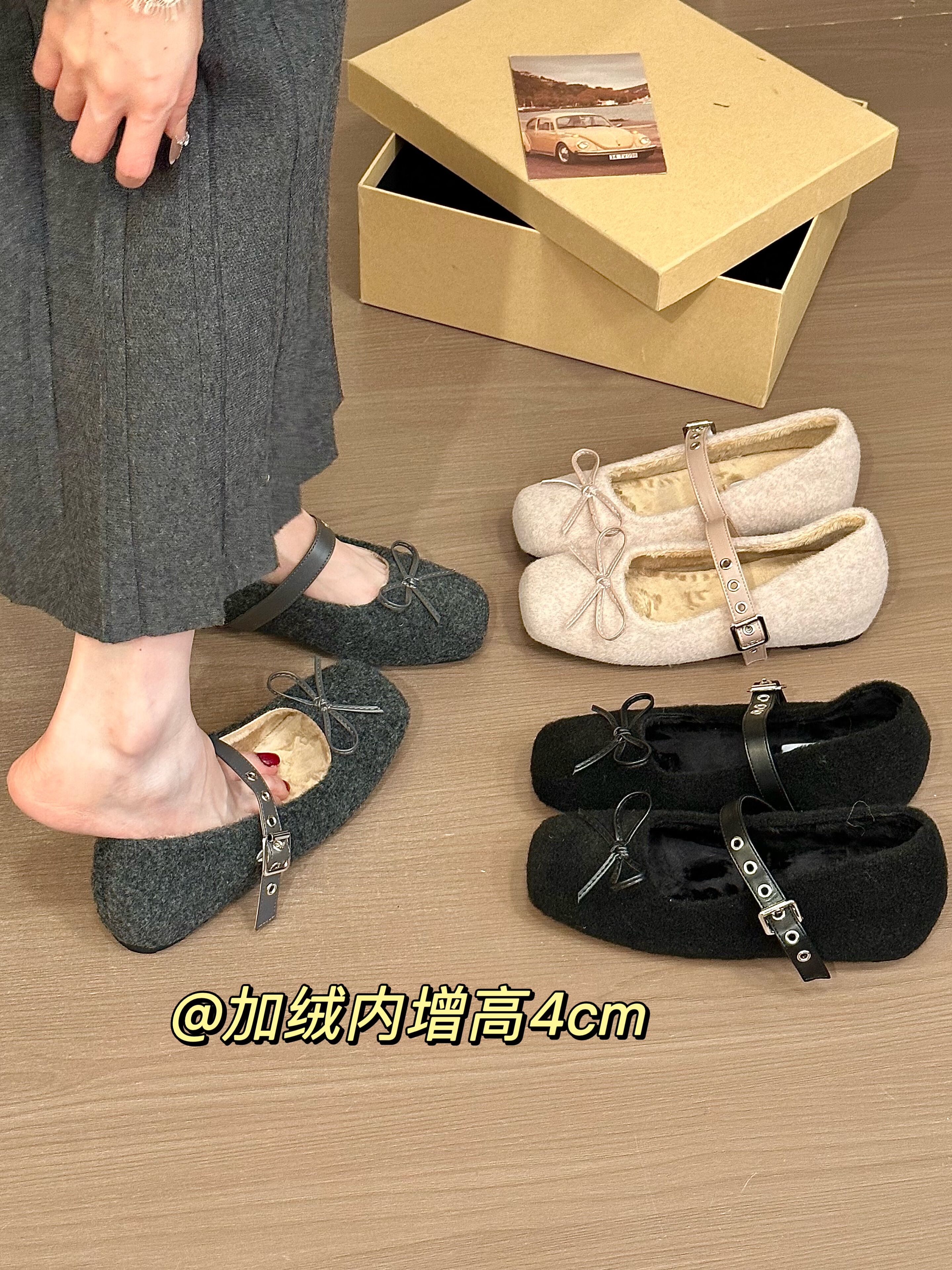 titing半甜lady！气质呢子方头蝴蝶结玛丽珍鞋女冬加绒内增高单鞋