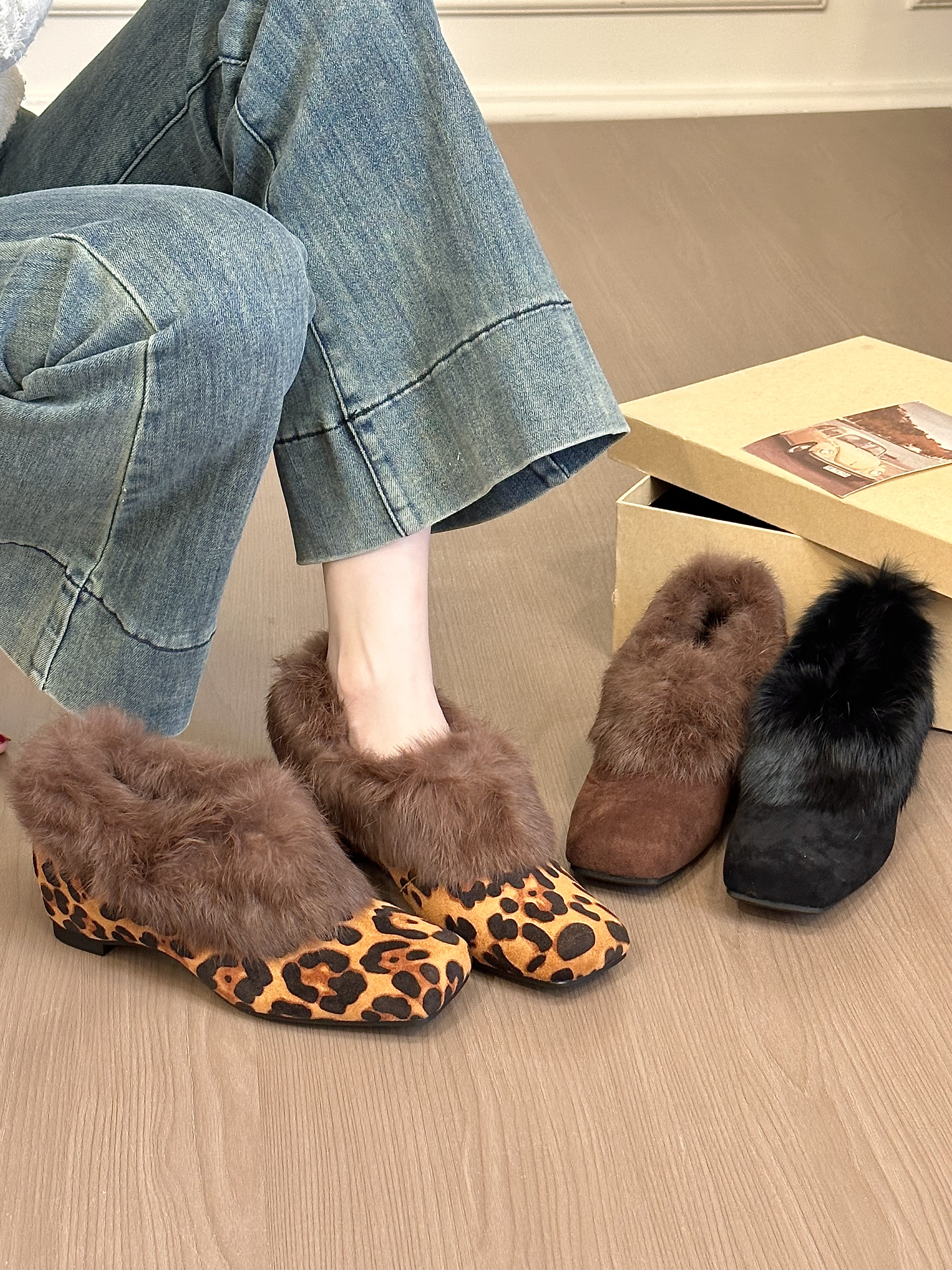 titing冬季时髦精！复古绒面方头翻毛单鞋女冬韩版加绒内增高单鞋