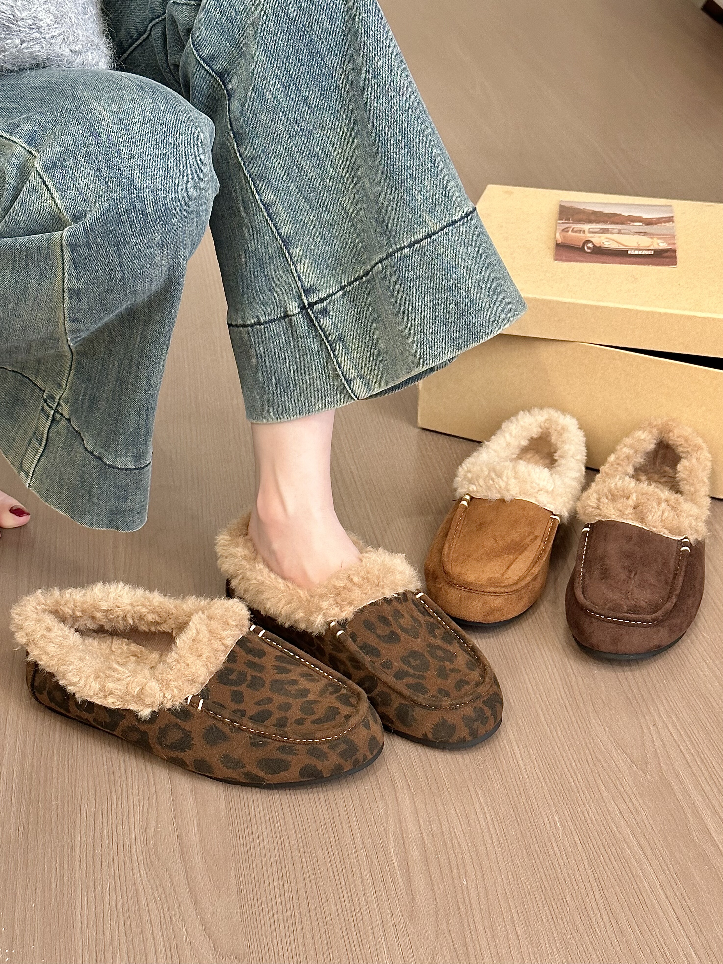 titing凛冬慵懒感！绒面圆头翻毛包头半拖鞋女冬加绒内增高单鞋