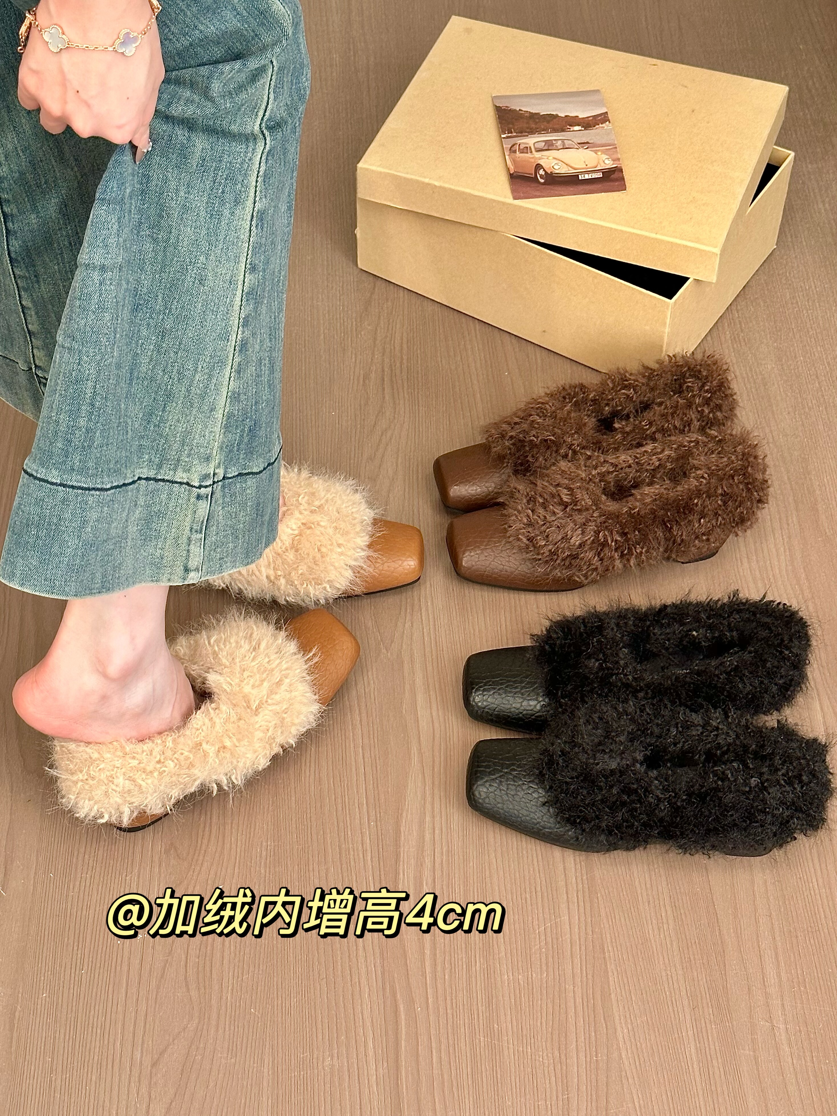 titing中古可露丽！气质纹理方头卷毛单鞋女冬韩版加绒内增高单鞋