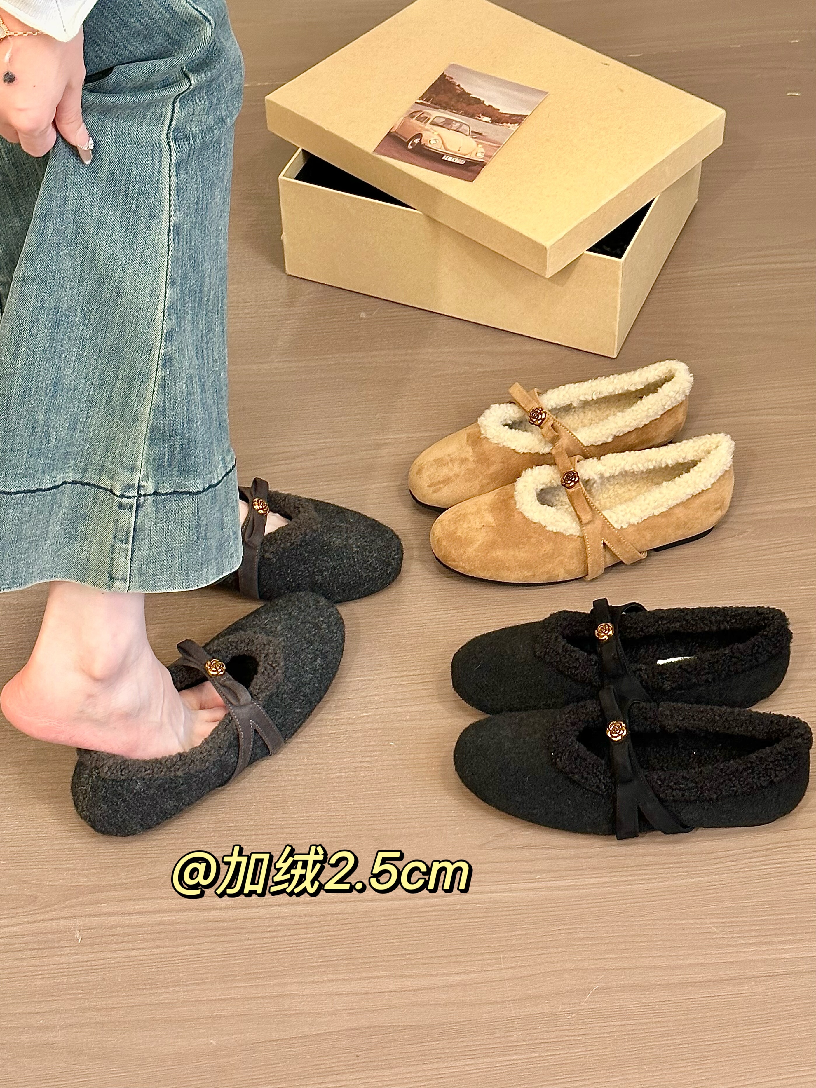 titing冬日来信！绒面圆头山茶花扣玛丽珍鞋女冬加绒内增高单鞋