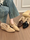 女冬加绒内增高单鞋 titing智性复古风 绒面方头编织毛毛边乐福鞋