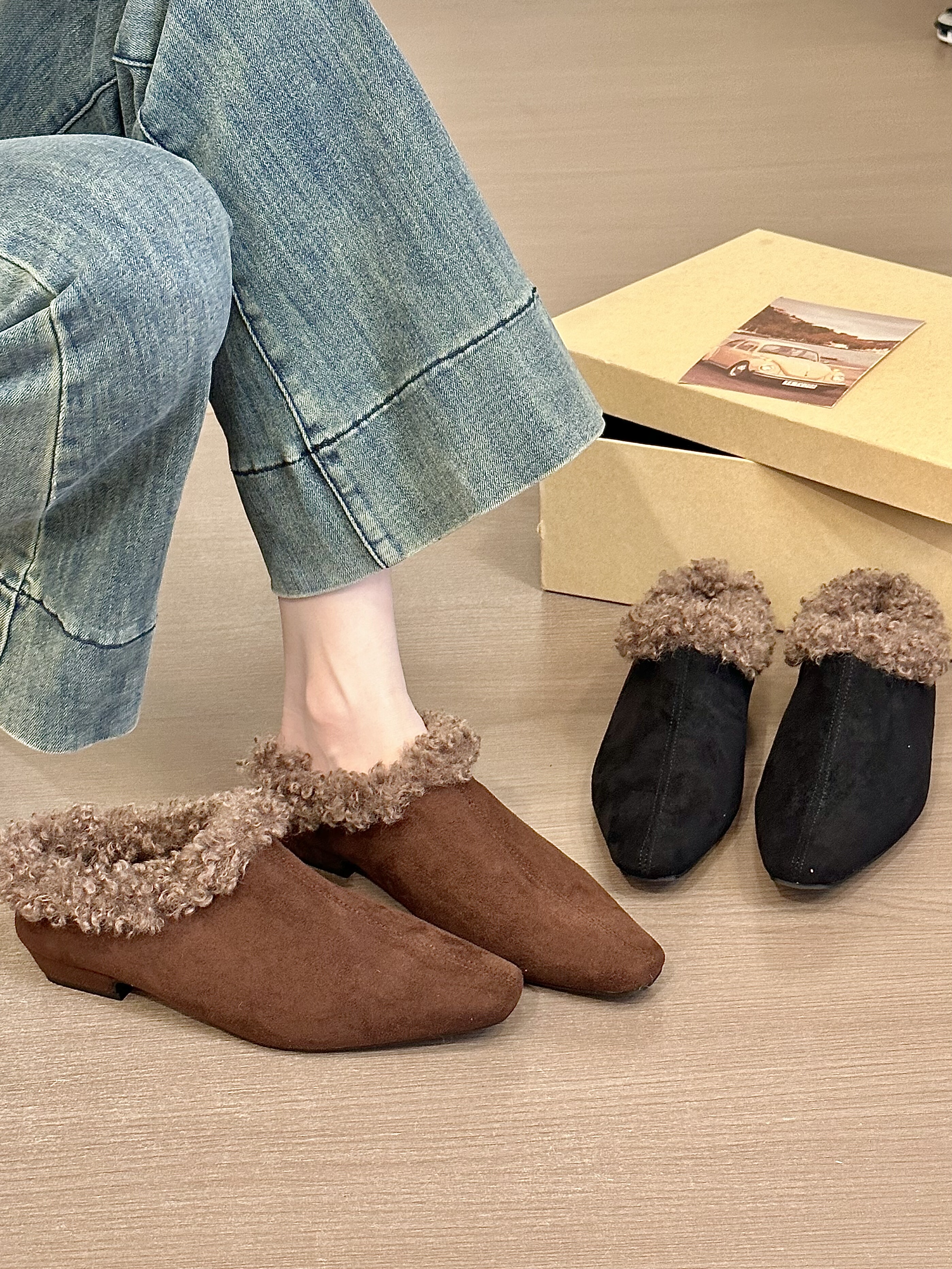 titing法式老钱穿搭！绒面方头翻毛包头半拖鞋女冬加绒粗跟单鞋