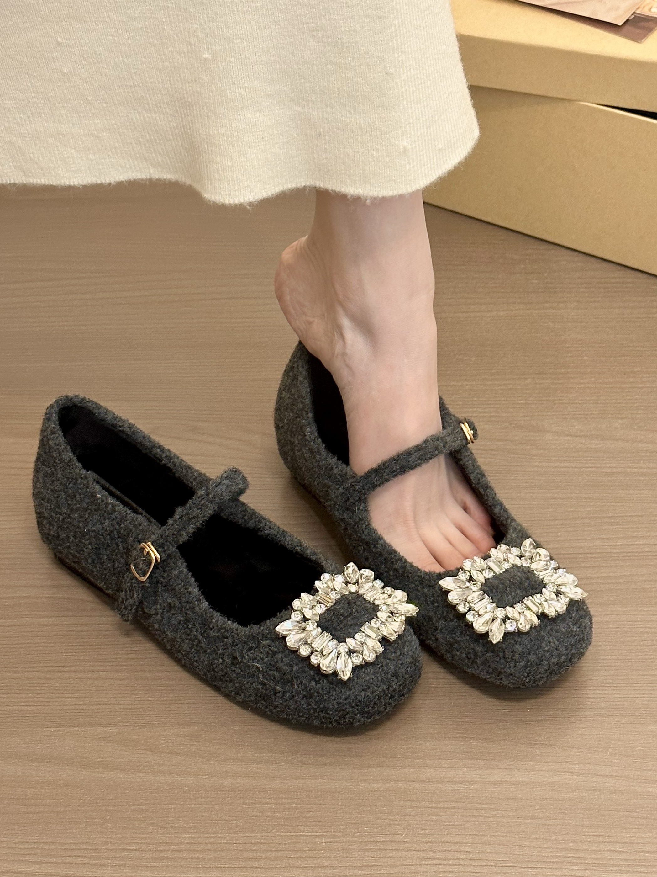 titing香法珍妮弗！气质水钻方扣内增高玛丽珍鞋女冬加绒厚底单鞋