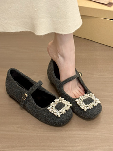 titing香法珍妮弗！气质水钻方扣内增高玛丽珍鞋女冬加绒厚底单鞋