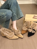 女冬加绒内增高单鞋 titing气质老钱欧尼 绒面尖头蝴蝶结毛毛单鞋