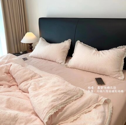 抖音爆款A类全棉有氧双层纱四件套镂空边柔软亲肤被套宿舍三件套