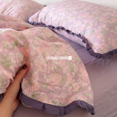 全棉双层纱四件套a类母婴级可贴肤裸睡花边工艺款超柔软纯棉套件