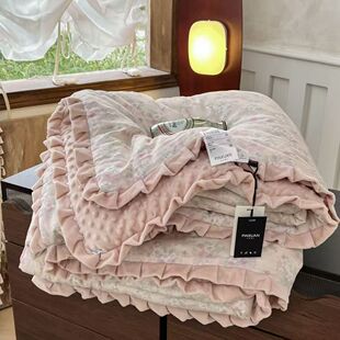 小清新加厚全棉双层纱秋冬被豆豆绒A类纯棉被芯保暖机洗花边被子