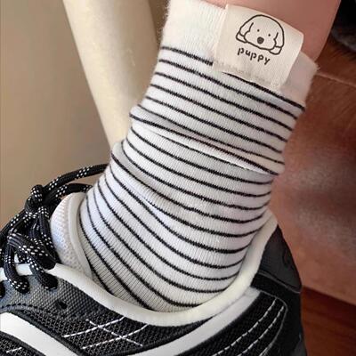 秋季新品puppy狗贴标可爱条纹袜子简约透气学院风拼色堆堆袜女