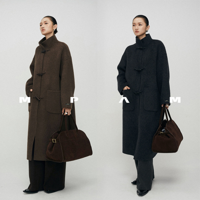 【花花推荐】MPAM木质牛角扣长款大衣女秋冬立领智性风毛呢外套女
