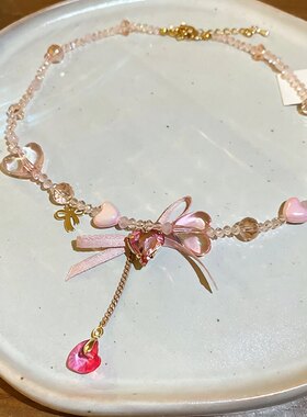 镶钻爱心蝴蝶结树脂颈链甜美时尚