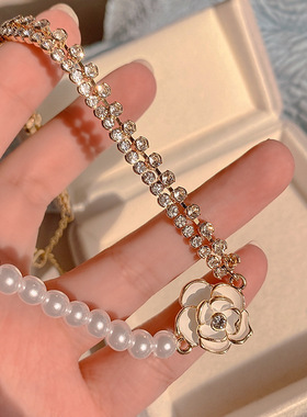 法式复古项链女宫廷优雅小众设计感珍珠拼接锁骨链山茶花耳钉耳环