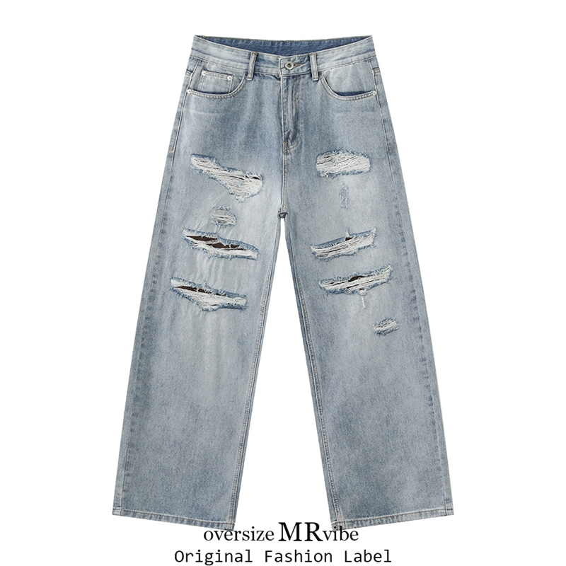 MR原创秋冬轻熟风做旧vibe破洞磨烂休闲潮流直筒宽松水洗牛仔长裤