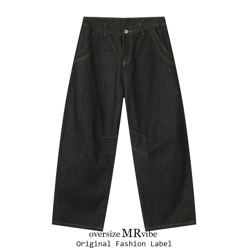 MR原创秋冬轻熟风原牛街阔腿廓形休闲百搭宽松弯刀水洗牛仔裤男潮