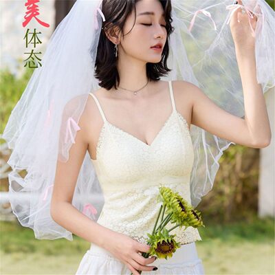 春夏新品蕾丝性感美背打底女士内衣一体固定杯胸垫吊带V领女裹胸