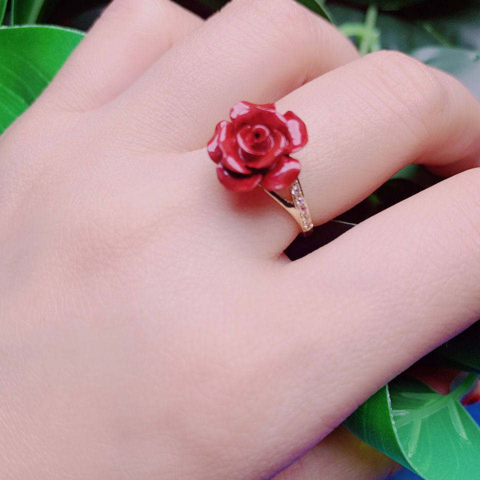 精雕原创朱砂玫瑰花戒指花朵对戒纯手工个性文艺指环生日礼物转运