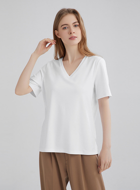 奥地利兰精莫代尔2025春季新款t恤女V领短袖百搭简约宽松白色上衣