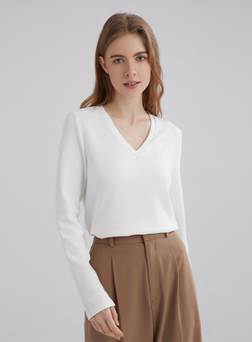 奥地利兰精莫代尔2025春季新款t恤女V领长袖百搭简约宽松白色上衣