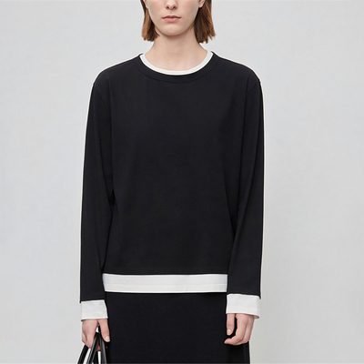 撞色假两件弹力棉针织圆领T恤