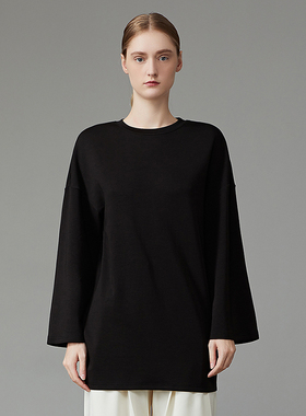 奥地利兰精莫代尔针织衫宽松百搭中长款长袖落肩打底衫女黑色T恤