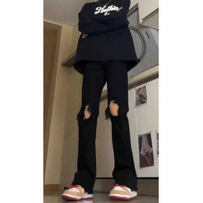 美式复古vibe裤子高街潮牌纯色破洞牛仔裤男款夏季百搭修身微喇裤
