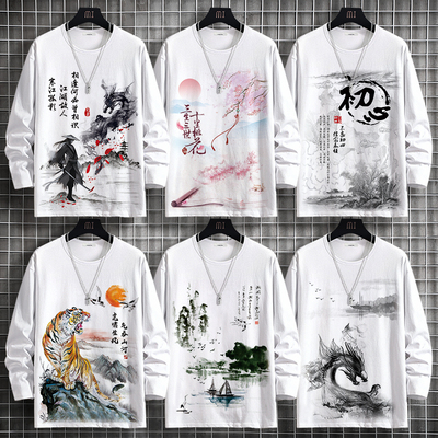 新款长袖t恤男士秋季宽松中国风国潮休闲T恤大码圆领上衣服打底衫