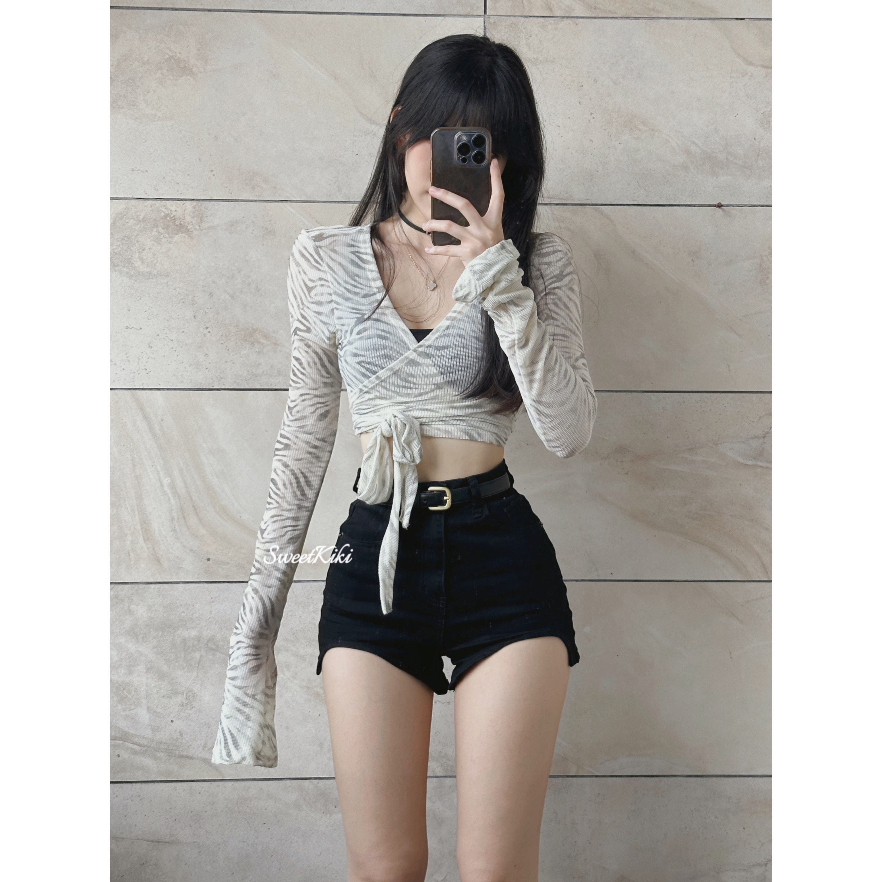 SweetKiki 辣妹交叉绑带T恤防晒性感上衣喇叭袖长袖露脐短款百搭,女装/女士精品,短外套,淘宝优惠券,粉丝福利购,淘宝优惠卷
