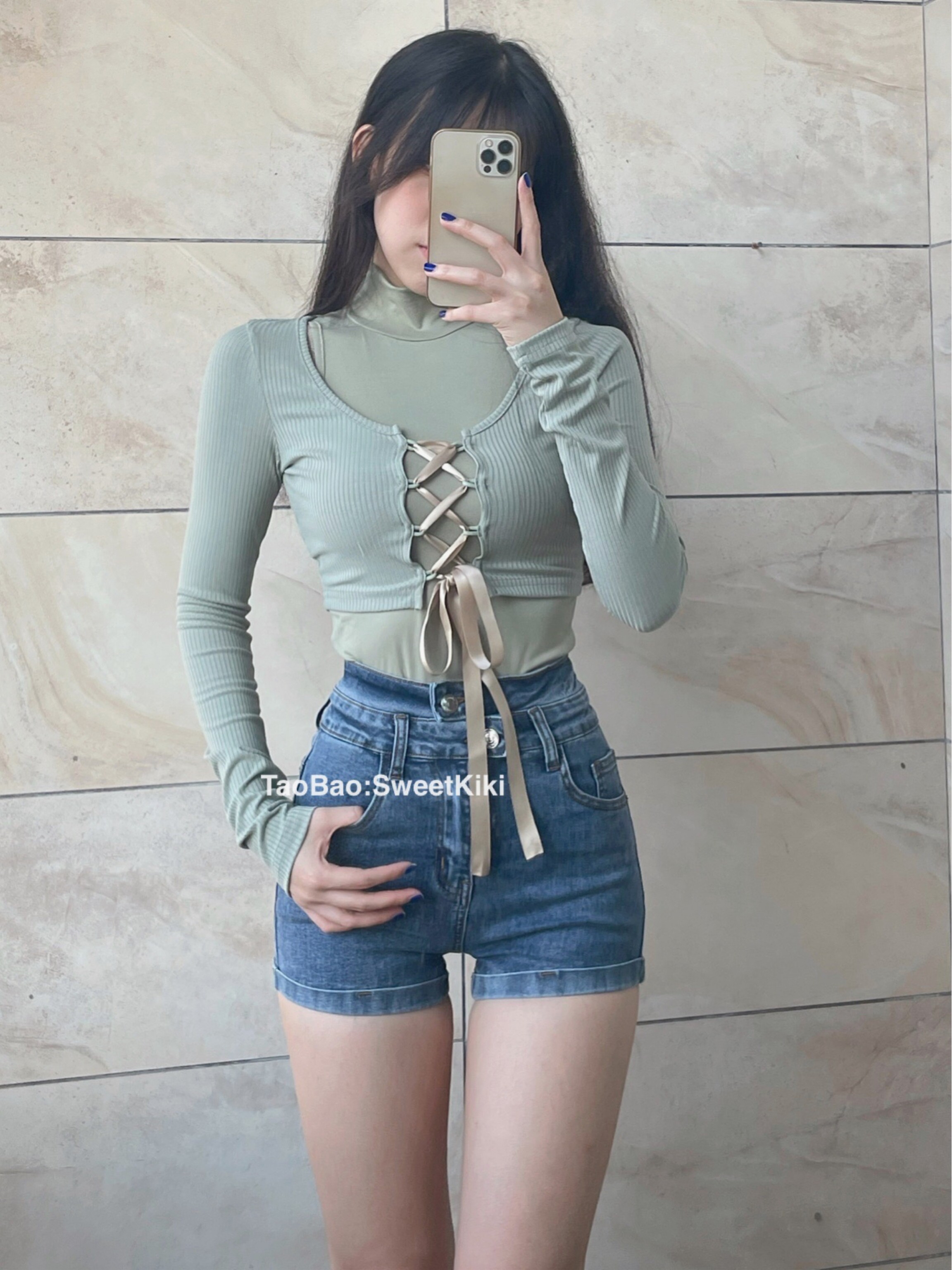 SWEET KIKI AMERICAN RETRO HOTTIE HIGH WAIST HOT PANTS EUROPEAN AND AMERICAN SLIM SLIM STRETCH DENIM SHORTS HIP WRAP
