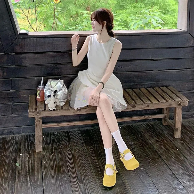 欧美跨境亚马逊法式时尚气质不规则蕾丝拼接背心连衣裙蓬蓬短