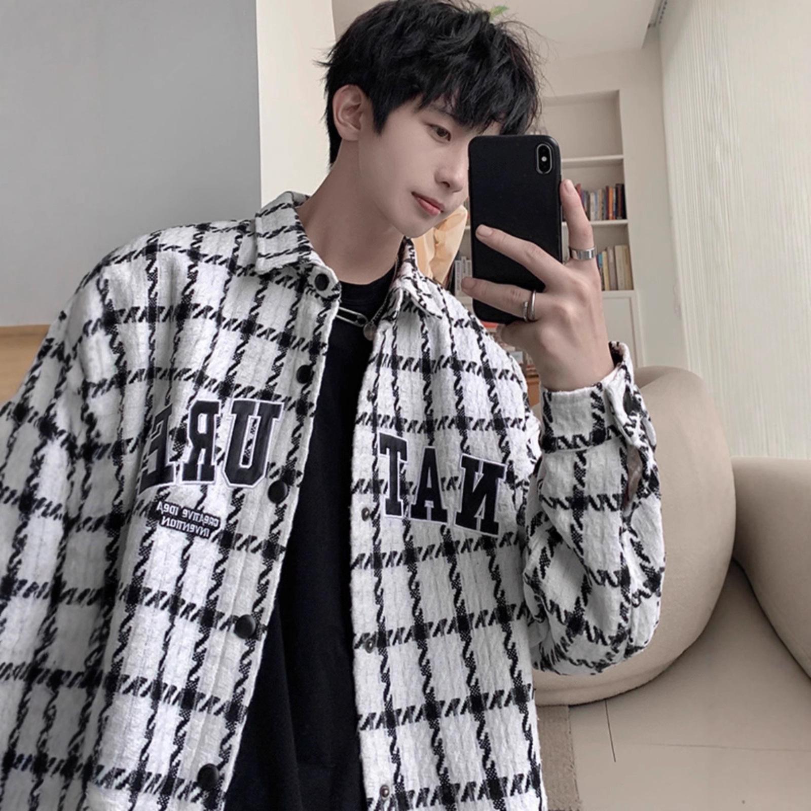 秋季薄款千鸟格子衬衫男痞帅小香风外套潮牌高级感男装设计感