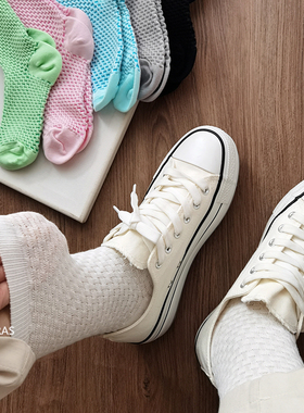 caras韩国进口棉袜薄款华夫格袜子女高弹白色洋气中筒袜潮ins纯色