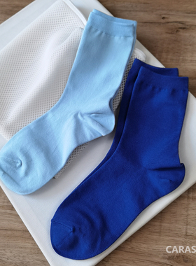 caras韩国进口克莱因蓝色袜子女洋气高弹棉袜春秋潮百搭简约中筒