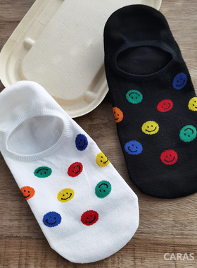 caras笑脸袜子女韩国棉袜可爱高弹吸汗夏季黑色浅口硅胶防滑船袜