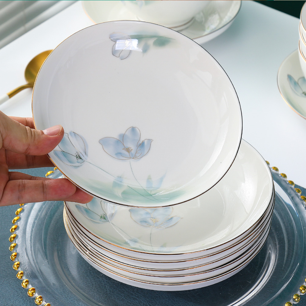 盘子菜盘家用2024新款清新高颜值深盘碟子金边餐盘陶瓷餐具套装