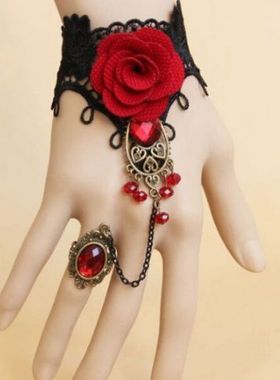 万圣节复古穿搭配饰红玫瑰仿宝石蕾丝项链手链耳环套装新娘饰品