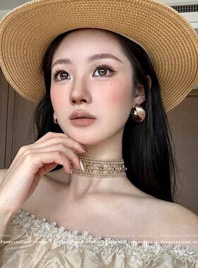 双边金线 镂空花朵钉珠choker项圈女布艺废土风项链民族风吊坠