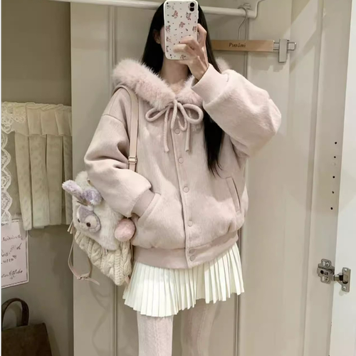 美式粉色蝴蝶结大毛领连帽外套