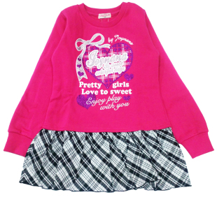 12岁女童玫红春秋棉绒长袖 T恤裙边上衣 日单 乐天BABY