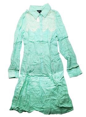 乐天BABY*外贸RUE21 S-M码女士粉绿色人造棉长袖收腰衬衣裙连衣裙