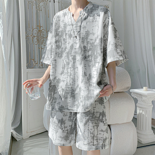 套装 特批P40无差价夏季 大码 短裤 男TZ5369 复古华夫格扎染V领短袖