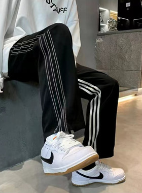 美式hiphop条纹黑色裤子高街ins潮百搭宽松垂感卫裤直筒运动裤女