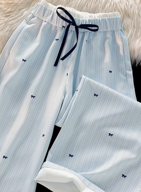 韩系蓝色条纹阔腿裤女夏季新款薄款小个子直筒裤休闲裤设计感裤子