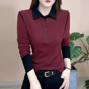 保暖衫 秋冬韩版 polo领纽扣长袖 时尚 减龄气质宽松遮肚立领上衣 新款