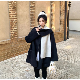 2025年双色带围巾大衣小个女秋冬宽松复古短款羊绒毛双面毛呢外套